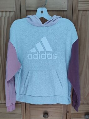 adidas Heather Gray Hoodie with Pink & Mauve Sleeves, Size M